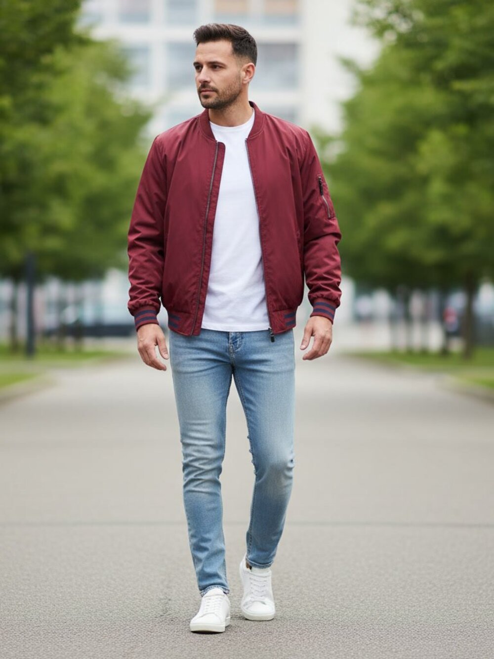 No Boundaries Bomber Jacket Men's Maroon Navy Stripe Zip Up